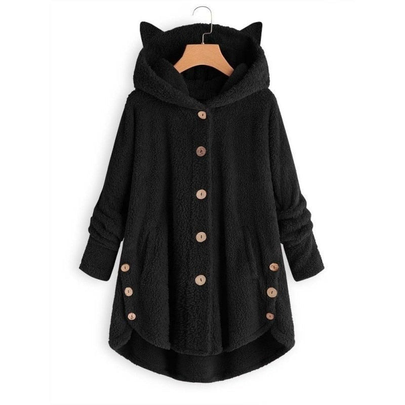 Street-Wave Cozy Plush Lined Hooded Coat For Women Warm Fleece Outerwear With Button Front