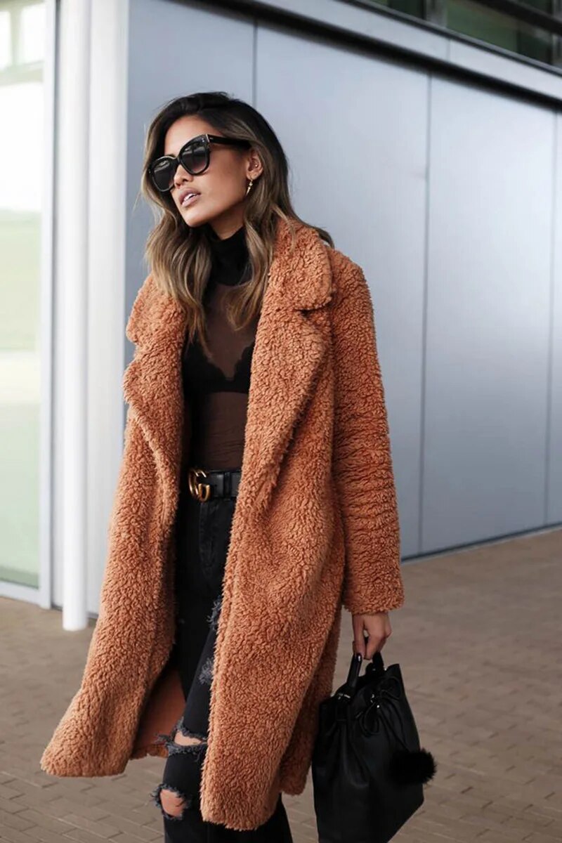 Street-wave Long Fleece Jacket For Women Warm Cozy Winter Coat Chic Urban Style Casual Everyday Wear