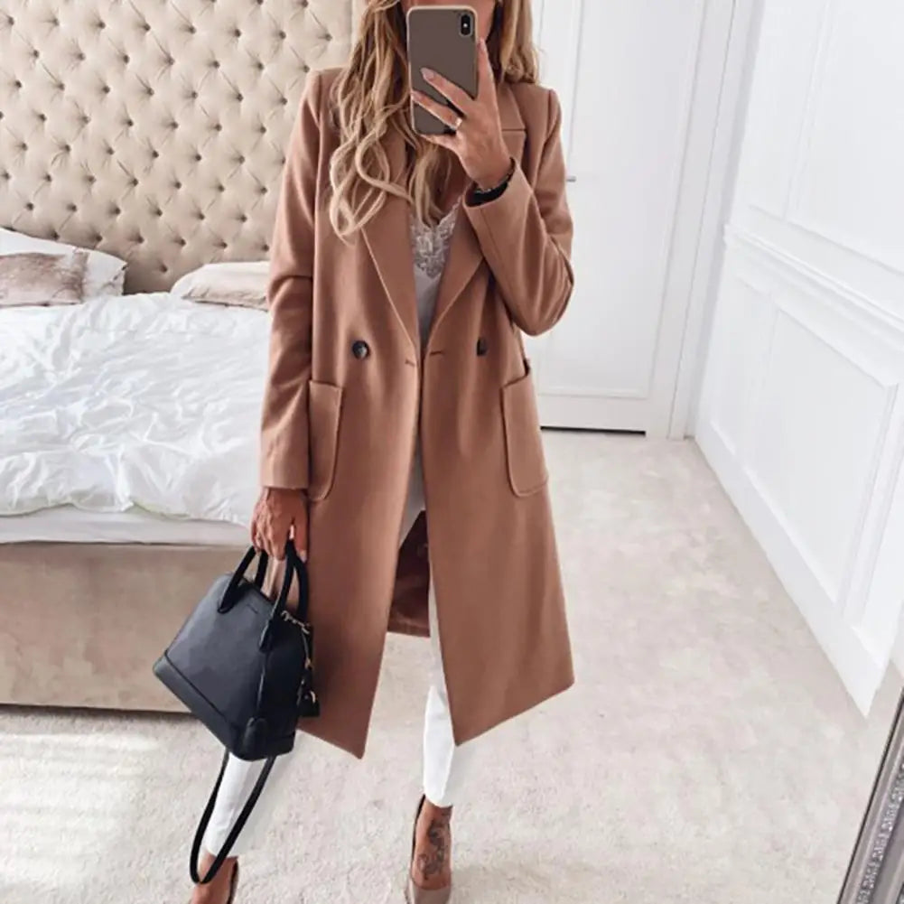 Street-wave Blue Double-Breasted Coat For Women - Cozy, Versatile Long Jacket With Chic Pockets
