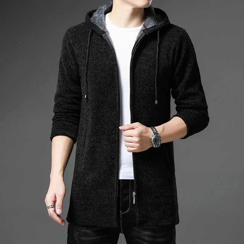 Street-Wave Finnian Chenille Wool Jacket For Men With Zip Front Fleece Lined Hood And Ribbed Cuffs