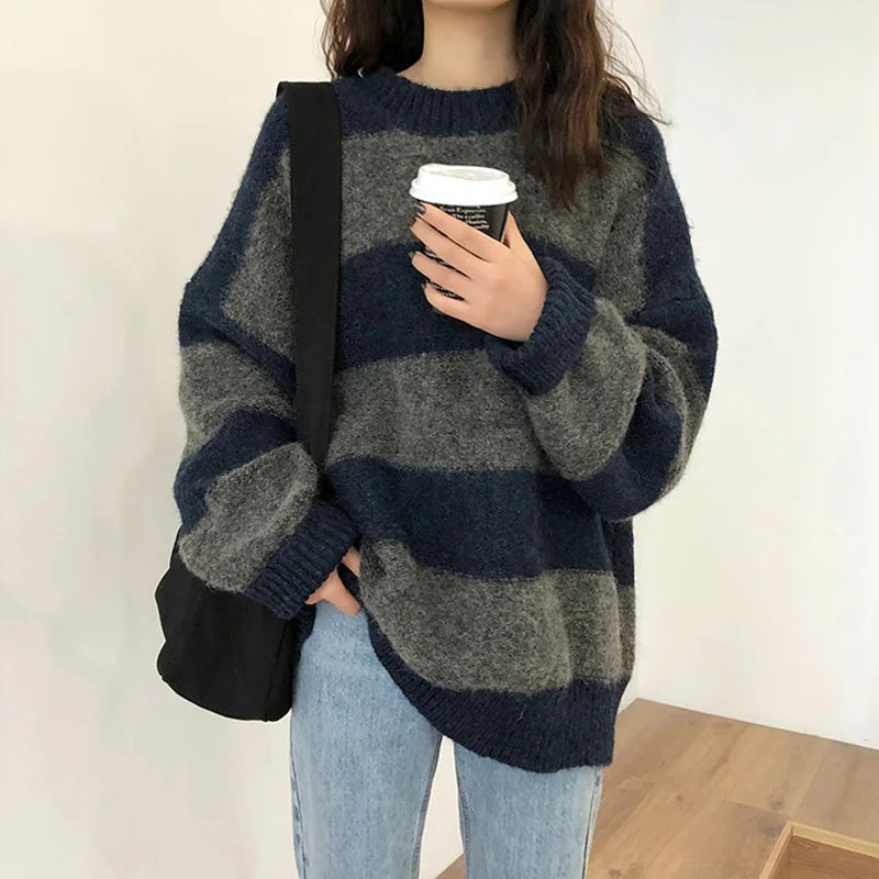 Street-Wave Oversized Striped Knit Pullover for Women Cozy Autumn Wardrobe Essential