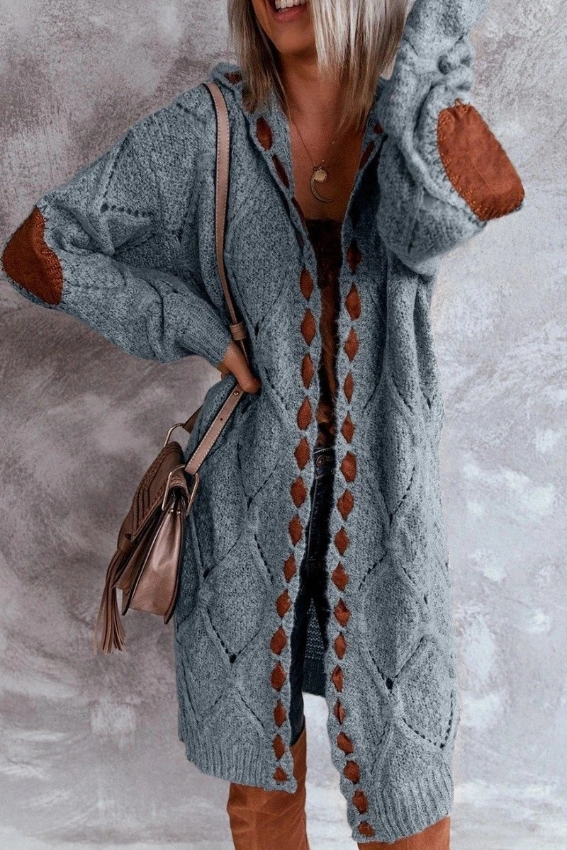 Street-wave Womens Cardigan Longline Cozy Knit With Playful Pattern Details And Bold Contrast Patches