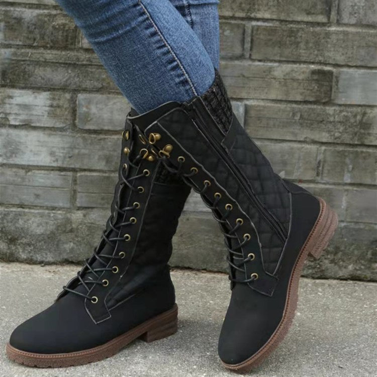 Street-wave Edgy Knee High Motorcycle Boots For Women With High Heel And Quilted Panels