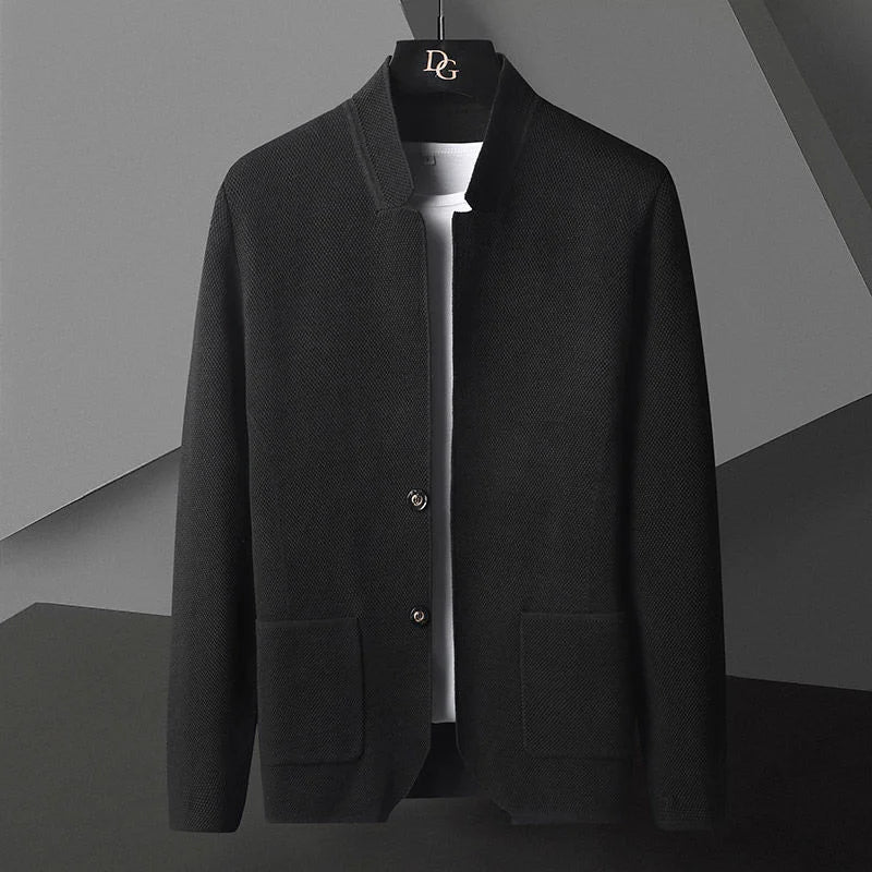 Street-Wave Men's Cashmere Knit Cardigan With Stand Collar Deep Pockets Slim Silhouette