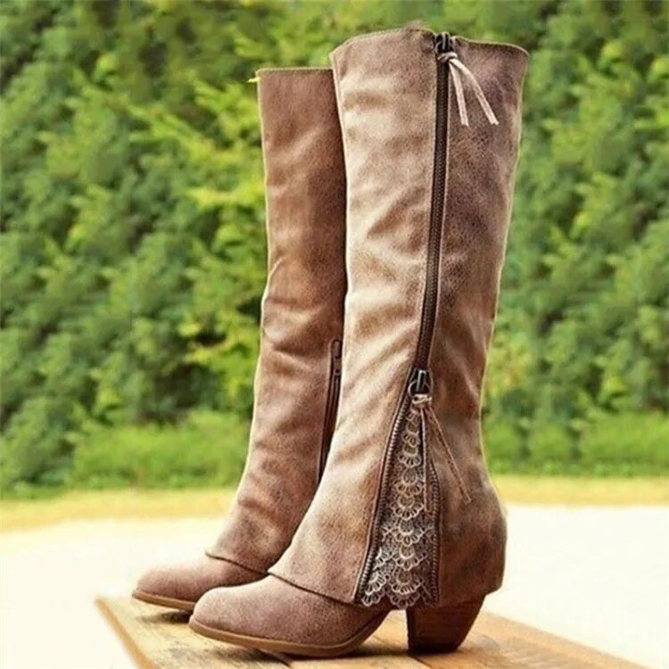 Streetwave Weinlese High Heel Boots for Fashion Forward Women Luxe Leather Knee High Zip and Lace Accents