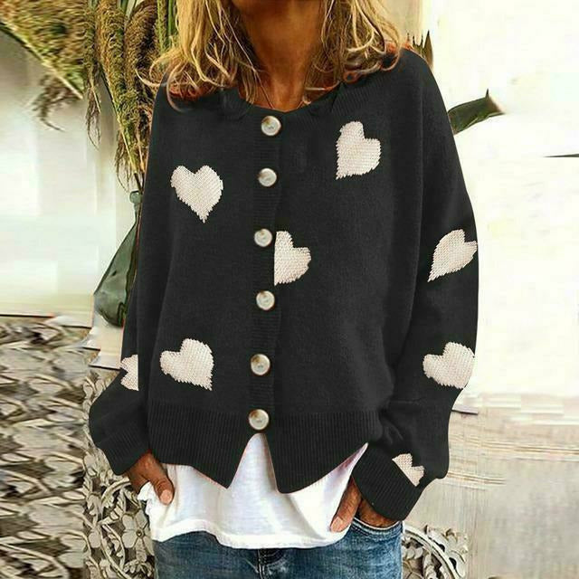 Heart Print Cardigan Street-Wave Cozy Cotton Cashmere Blend For Women All Season Warmth