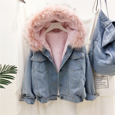 Street-wave Denim Winter Jacket For Women With Cozy Faux Fur Hood Pink Or Gray Lining