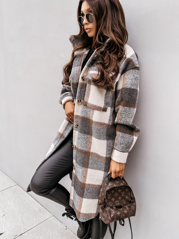 Street-wave Plaid Jacket Oversized Long Coat For Women Retro Streetwear Chic Warmth