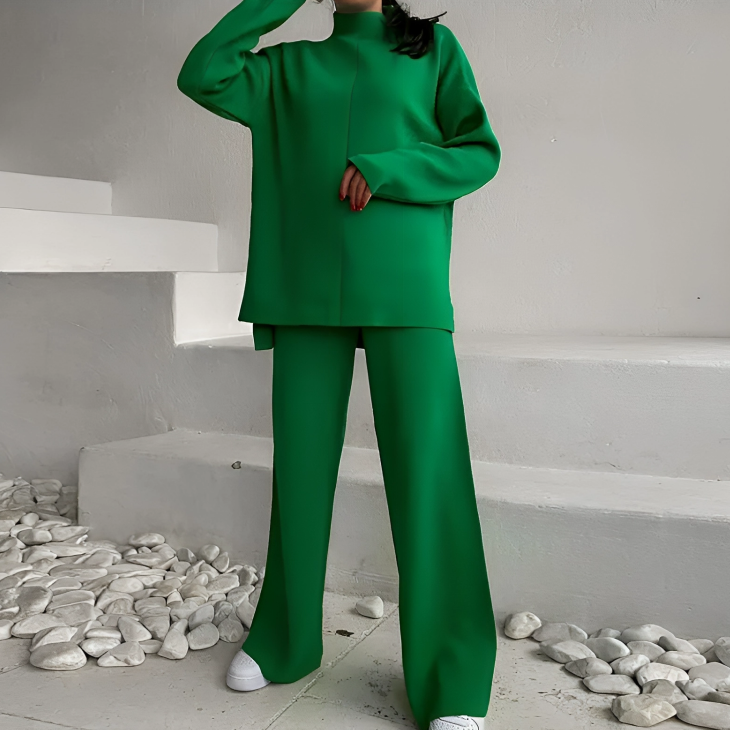Streetwave Women Winter Knit Set With Turtleneck And Wide Leg Pants For Effortless Chic