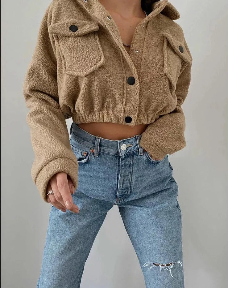 Street Wave Daisy Womens Cropped Button Up Jacket Casual Plush Warmth