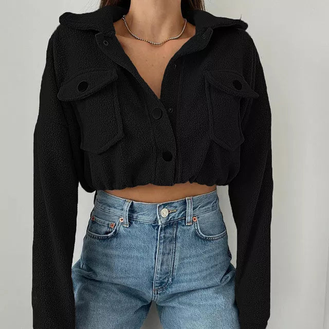 Street Wave Daisy Womens Cropped Button Up Jacket Casual Plush Warmth