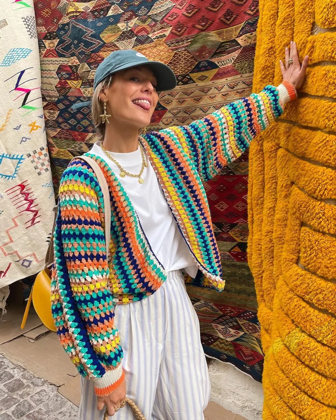 Street-wave Colorful Crochet Cardigan For Women Bold Multicolor Knit Versatile Style