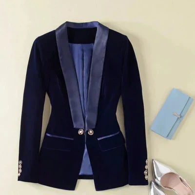 Street-wave Velvet Blazer for Women With Satin Lapels and Elegant Button Front for Modern Office Chic