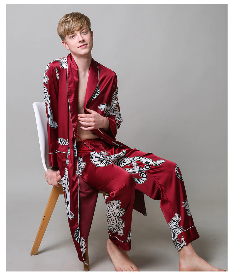Streetwave Mens Satin Robe And Pajama Set Animal Print Luxury Loungewear For Men Premium Comfort