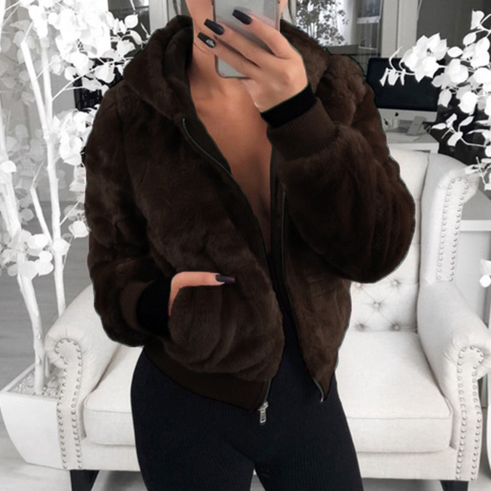 Street-Wave Womens Plush Fur Hoodie Cozy Warm Faux Fur Lined Sweatshirt For Winter Style And Comfort