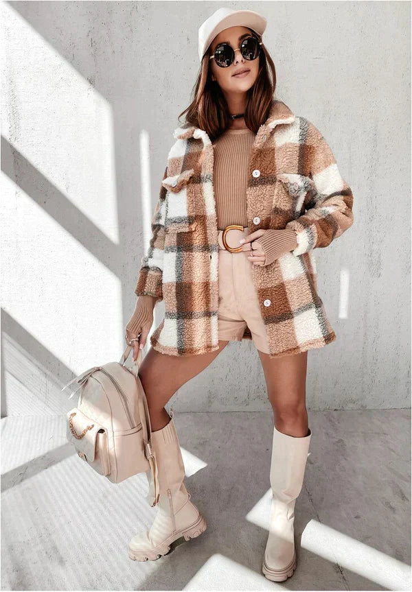 Street-Wave Women's Faux Fur Checkered Coat Warm Cozy Elegant Winter Outerwear Collection