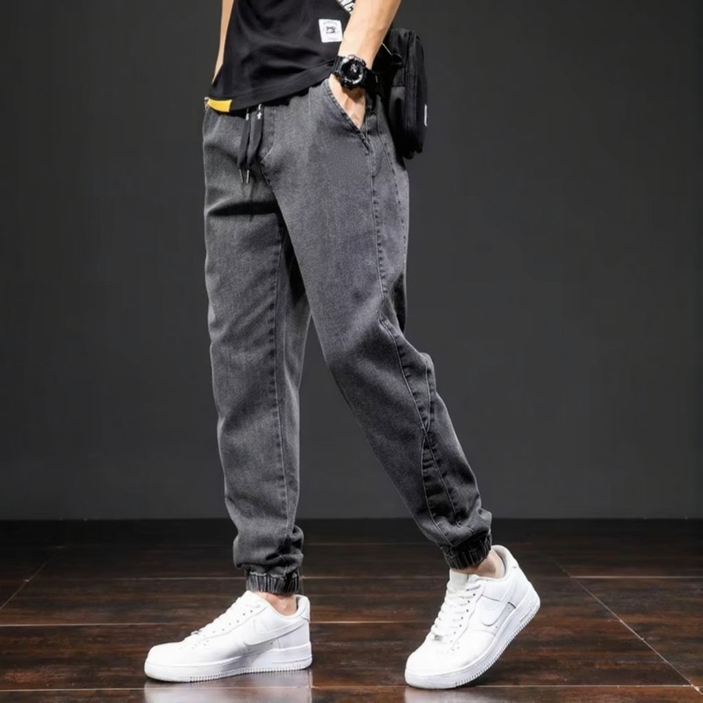 Mens Black and Blue Cargo Denim Jogger Pants With Relaxed Streetwear Comfort by Street-Wave