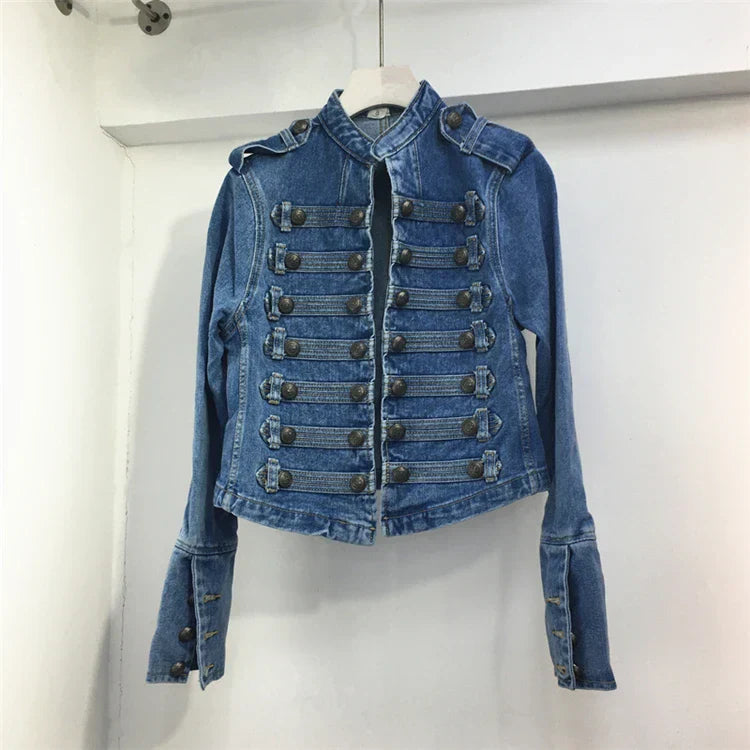 Street-Wave Military Denim Jacket With Iconic Button Rows Cotton-Poly Blend For Edgy Women
