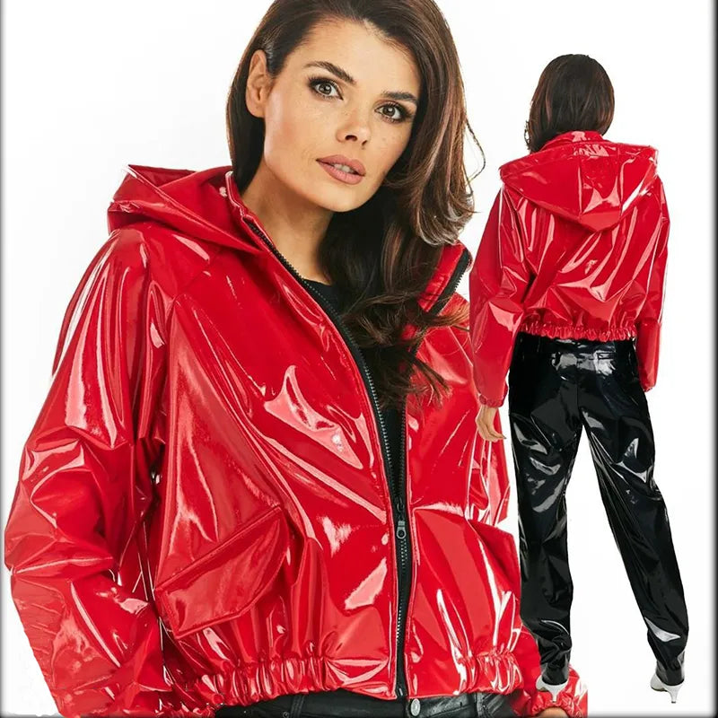 Street-wave Glossy Hooded Jacket For Women - Lightweight PVC-Blend Weatherproof Red Outerwear