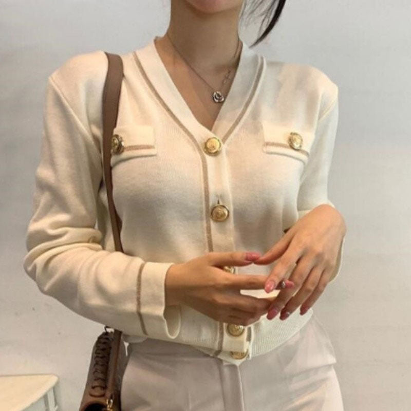 Street-wave Womens V-Neck Cardigan With Gold Button Trim And Contrast Piping Cropped Tie-Waist
