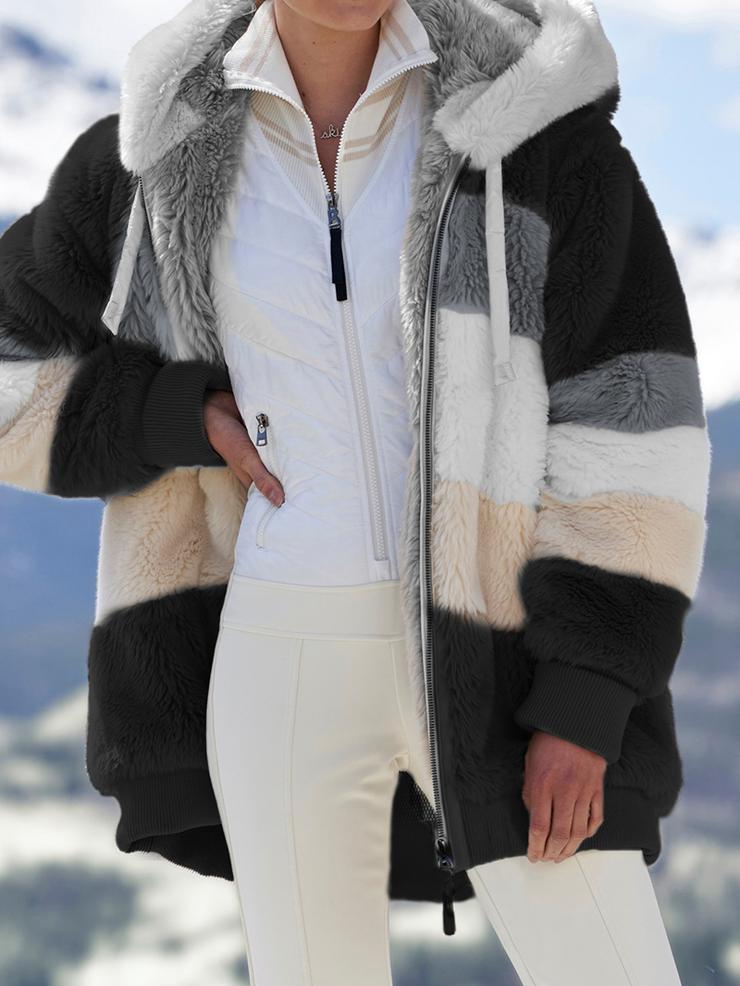 Street-wave Checkered Patchwork Plush Hooded Coat For Women Cashmere Blend Warmth