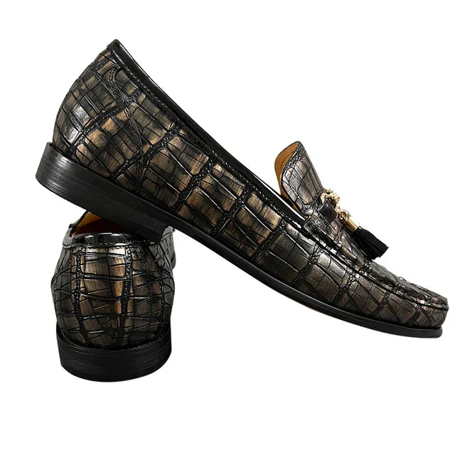 EchtStil Leather Crocodile Print Loafers For Men Hand Polished Luxury Tassel Slip Ons