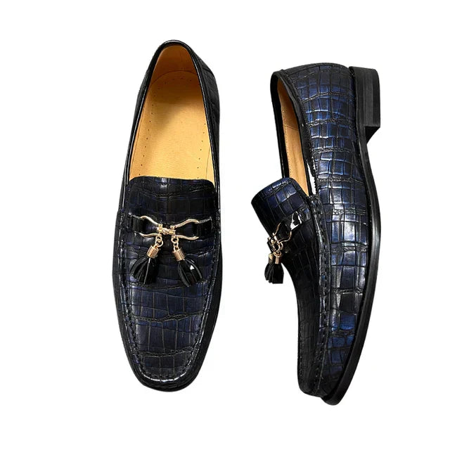 EchtStil Leather Crocodile Print Loafers For Men Hand Polished Luxury Tassel Slip Ons