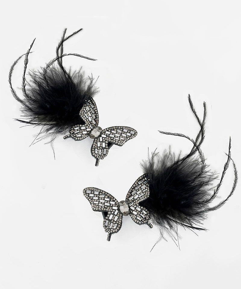Épingle à cheveux en alliage de zircon noir faite à la main avec plumes de papillon - Street-Wave
