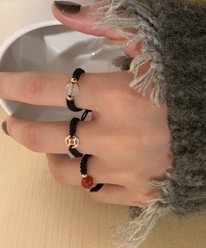 Ensemble de trois bagues en cuivre et cristal d'agate noire tissées à la main - Street-Wave