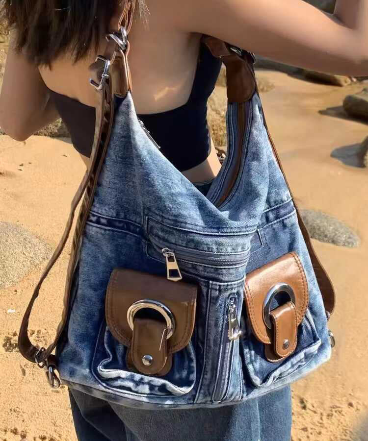 Sac à main en denim bleu polyvalent de grande capacité fait main - Street-Wave
