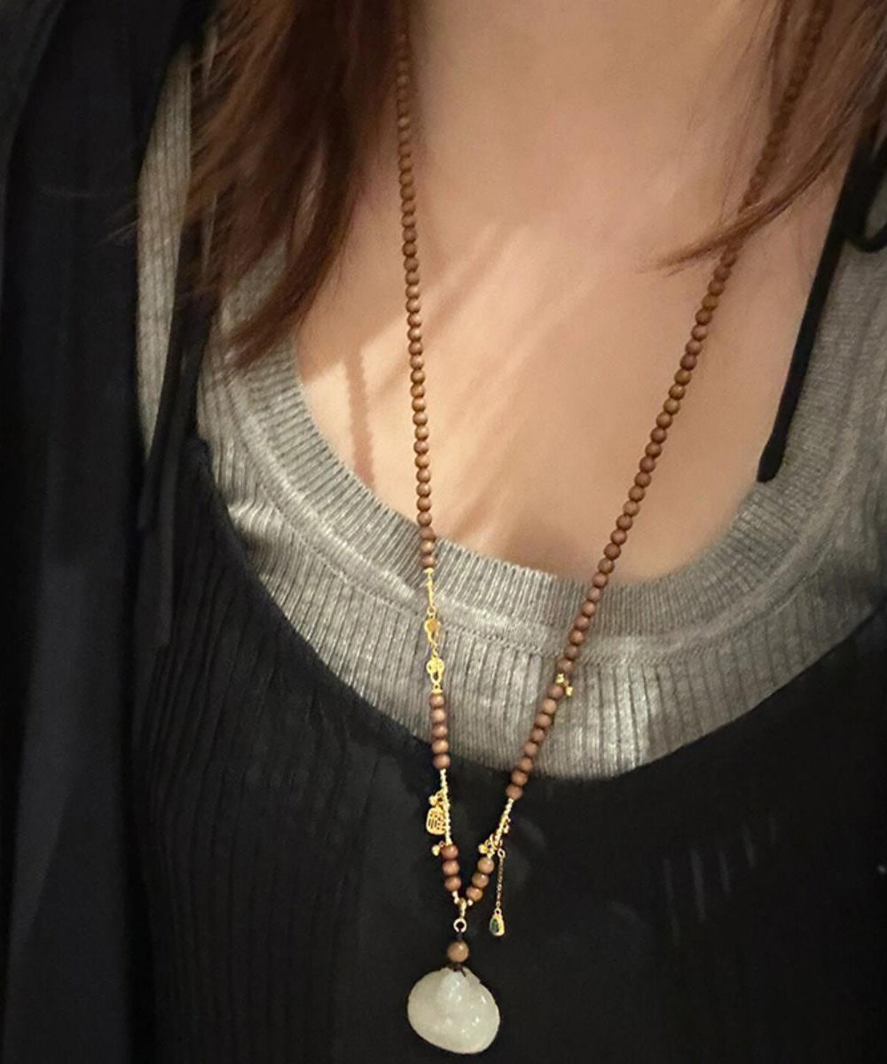 Collier pendentif en perles de bois de santal surdoré en argent sterling marron fait main - Street-Wave