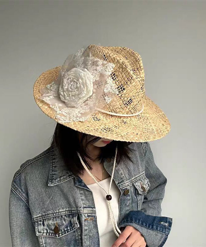 Chapeau de cowboy en paille tissée ajourée avec dentelle et fleurs, fait à la main - Street-Wave