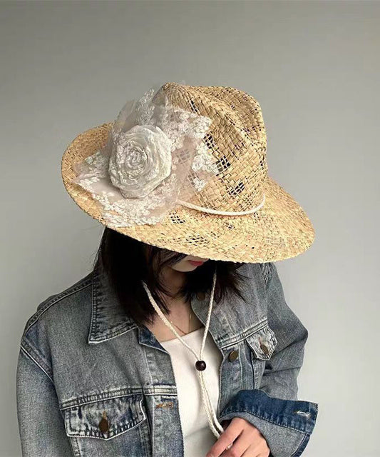 Chapeau de cowboy en paille tissée ajourée avec dentelle et fleurs, fait à la main - Street-Wave