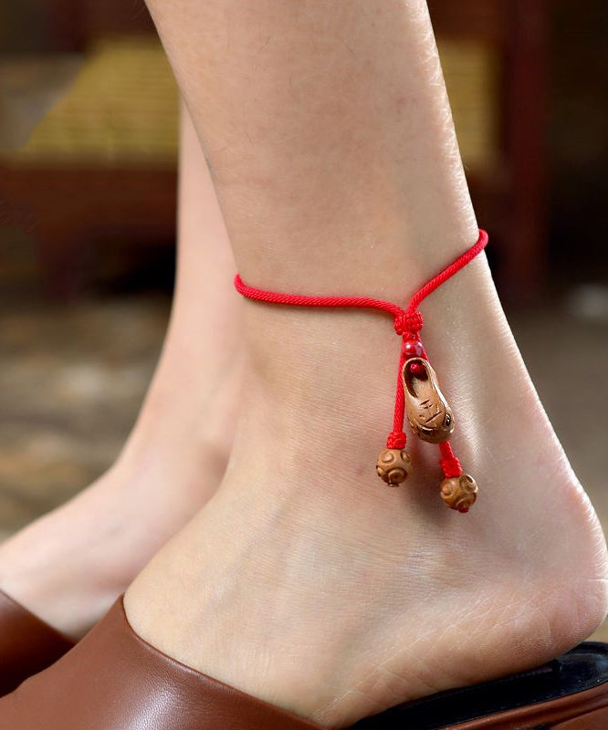 Bracelets de cheville en bois de pêcher rouge tissés à la main avec tête de tigre - Street-Wave