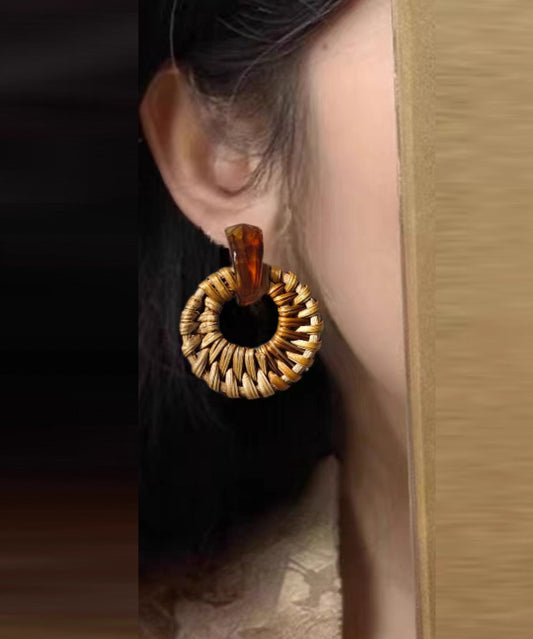 Boucles d'oreilles créoles tissées à la main en alliage jaune et bambou - Street-Wave