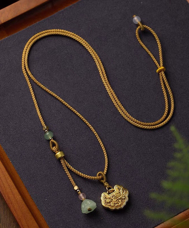 Collier pendentif en agate de jade et jade doré sur cuivre jaune fait main - Street-Wave