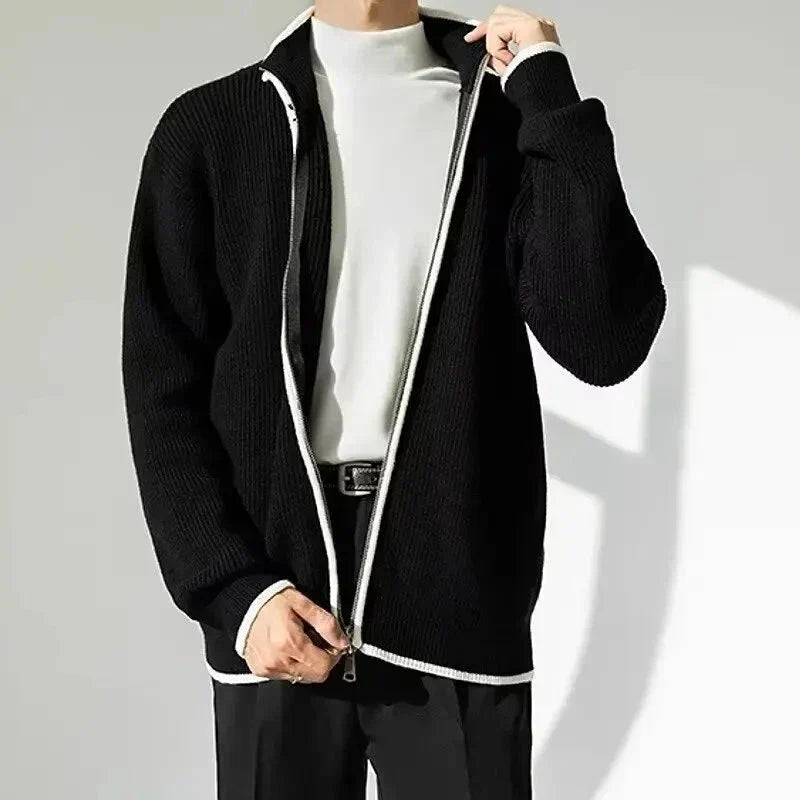 Hank Contrast Trim Knitted Cardigan For Men Full Zip With Premium Knit Fabric By Street-Wave