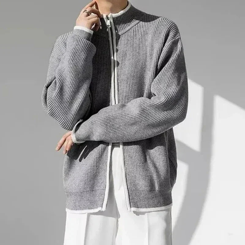 Hank Contrast Trim Knitted Cardigan For Men Full Zip With Premium Knit Fabric By Street-Wave