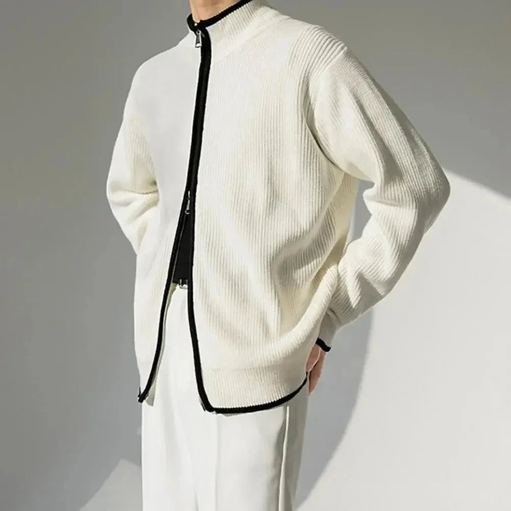 Hank Contrast Trim Knitted Cardigan For Men Full Zip With Premium Knit Fabric By Street-Wave