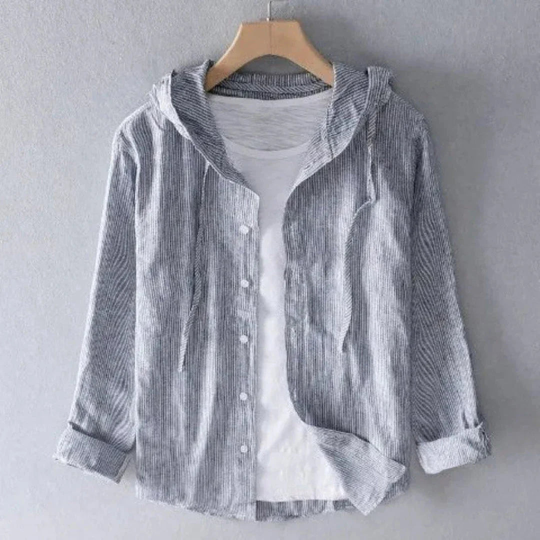 Harvey Striped Hooded Button Up Shirt Linen Lightweight Relaxed Fit Casual Spring Summer Mens Wear