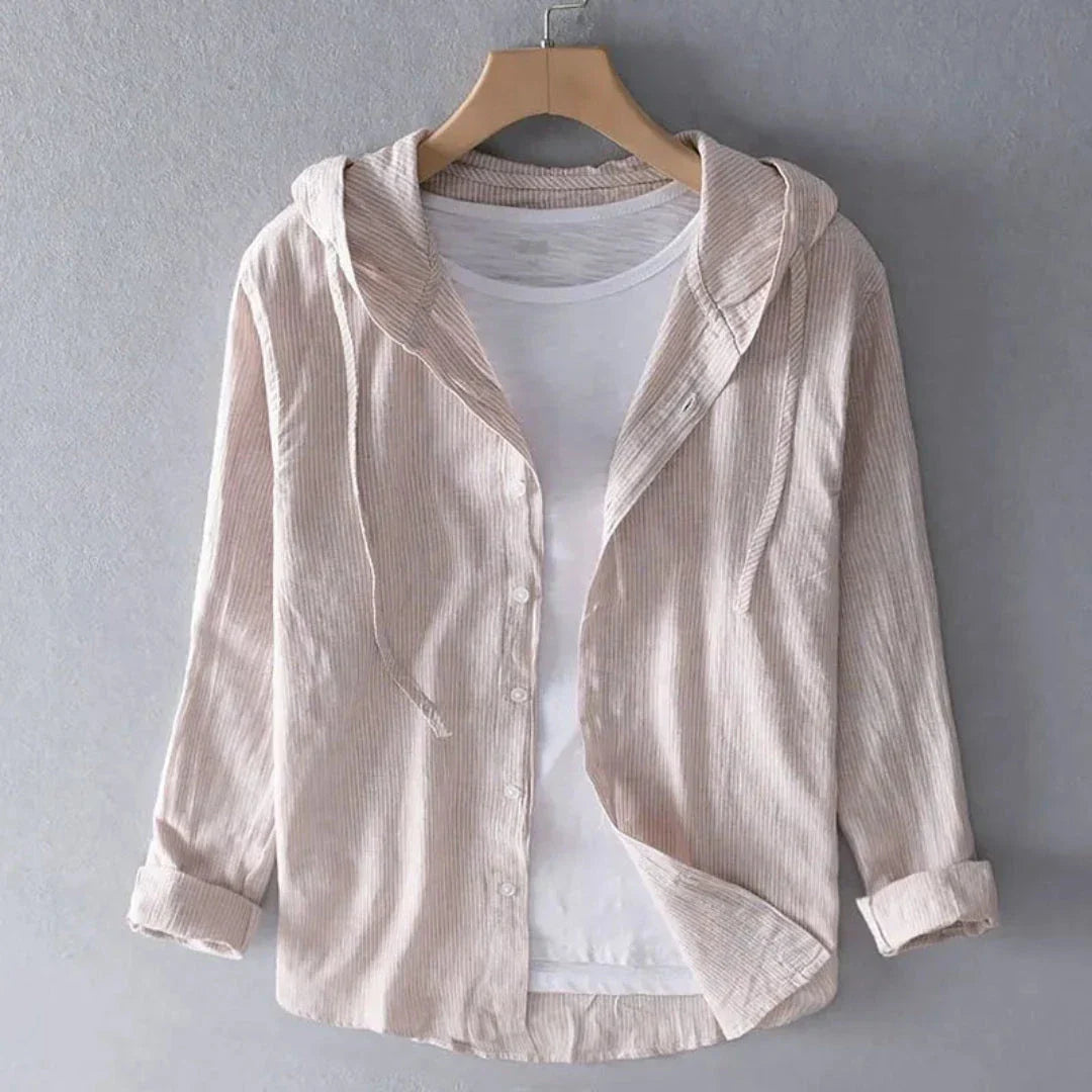 Harvey Striped Hooded Button Up Shirt Linen Lightweight Relaxed Fit Casual Spring Summer Mens Wear