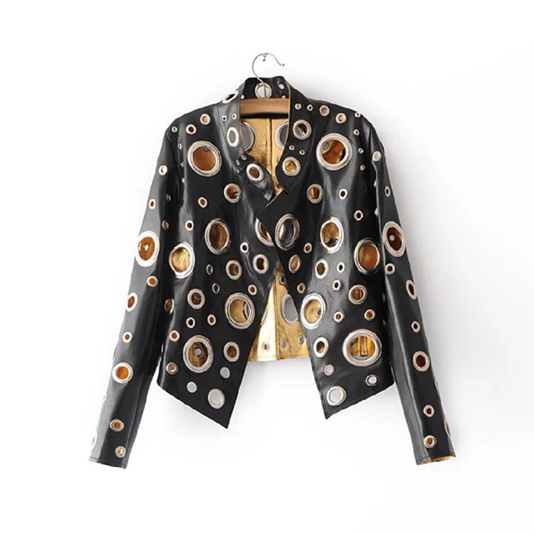 Street Wave Perforated Metallic Jacket With Mandarin Collar For Stylish Women On The Go