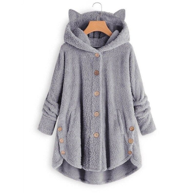 Street-Wave Cozy Plush Lined Hooded Coat For Women Warm Fleece Outerwear With Button Front