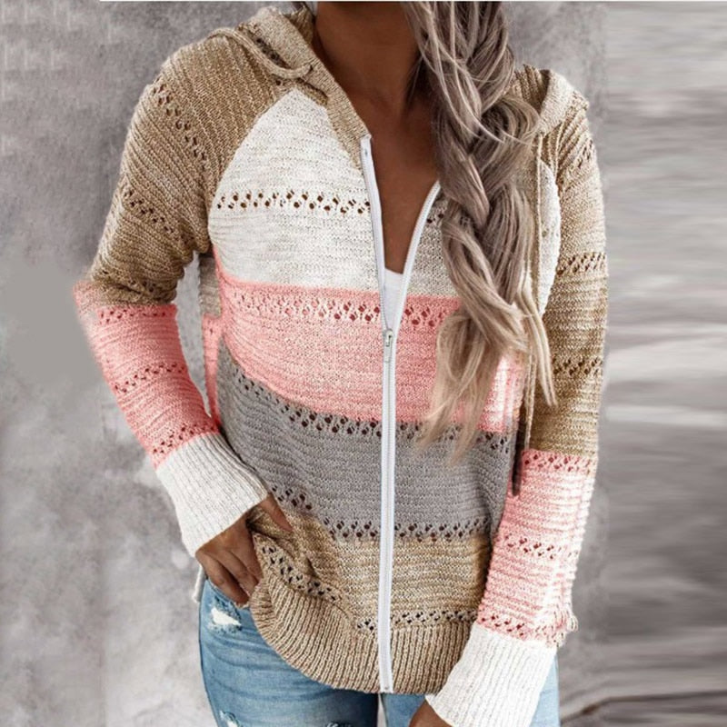 Street-Wave Hoodie Vest Knit Zip Front Color Block For Women Urban Streetwear Must Have
