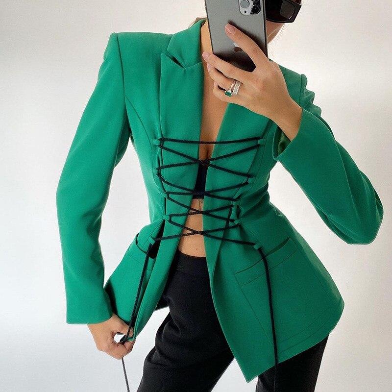 Street-wave Lace Up Blazer For Women With Pockets Elegant Black Design Chic Office To Evening