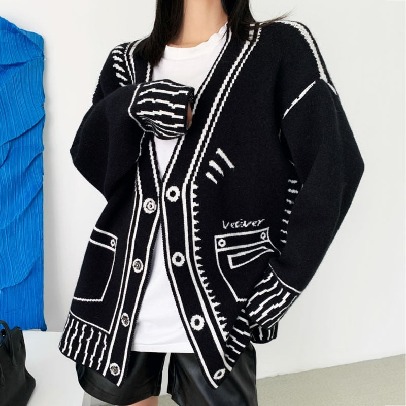 Street Wave Fallin Into Your Ocean Eyes Cardigan Cozy Wool Blend Knit With Printed Pattern For Fashion Forward Women