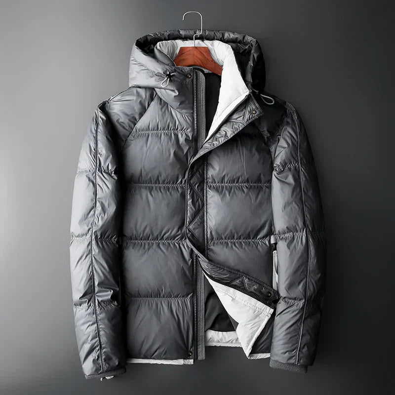 Street Wave Hooded Puffer Jacket With Orange Contrast Lining For Men Windproof Insulated Comfort