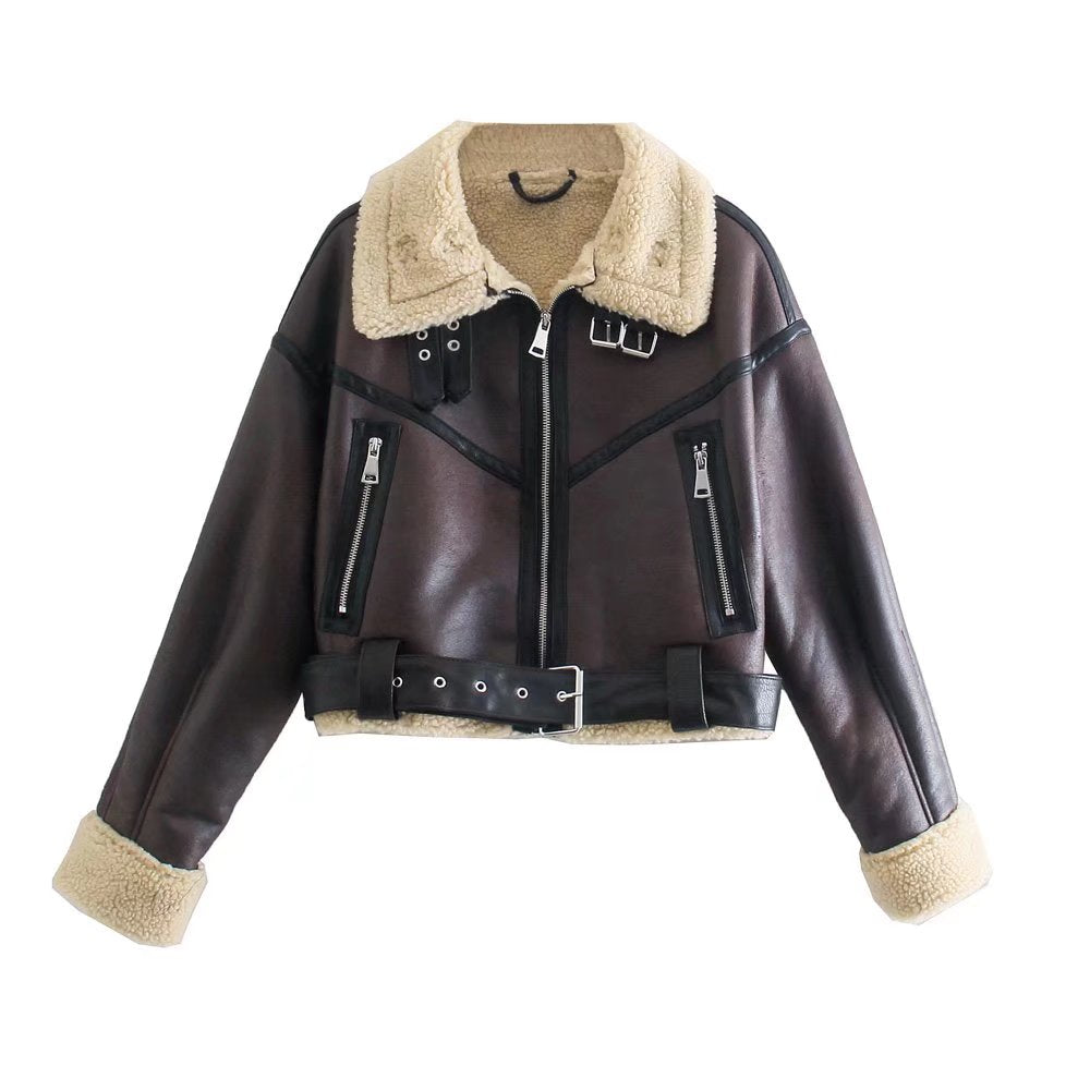 Street-Wave Shearling Fleece Bomber Jacket For Women Warm Leather Style Outerwear Trendy Streetwear