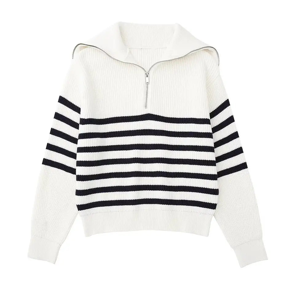 Street-wave Retro Zip Knit Pullover For Men And Women Warm Winter Sweater With Striped Design And Cozy Comfort