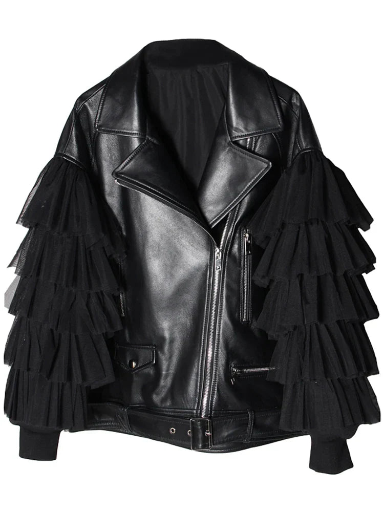 Street-wave Fire Jacket For Women Unleash Inner Fire In PU Leather With Zipper And Ruffled Sleeves